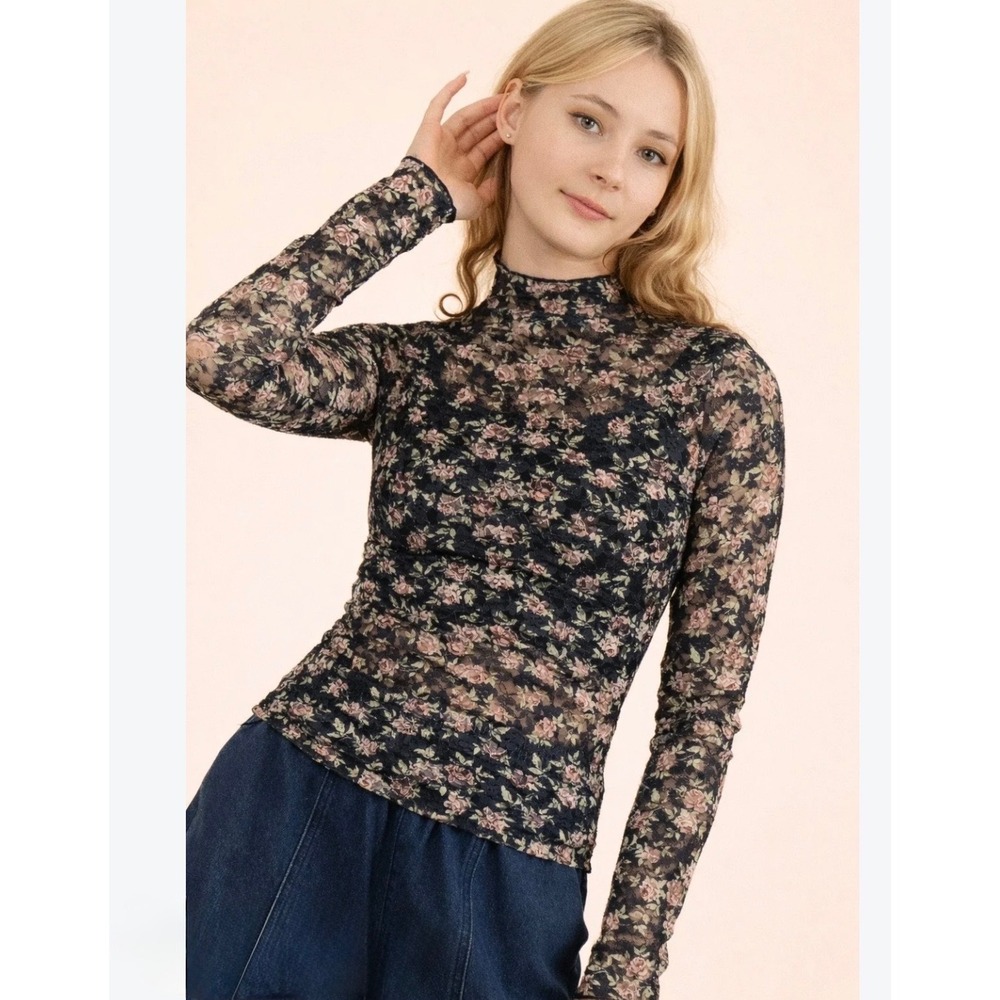 NewIn by Very J Floral Mesh Mock Neck Top Size Small Sheer Black Floral Y2K